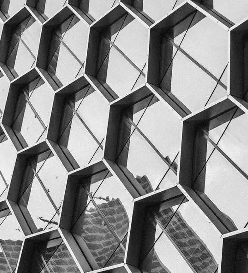 Fachada com estrutura metálica modulada em padrão hexagonal